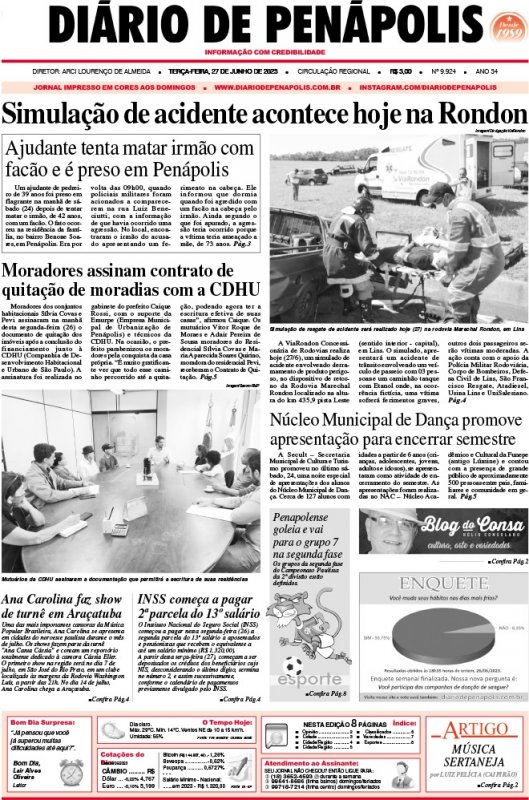 Capa do jornal DIÁRIO impresso desta terça-feira (27)