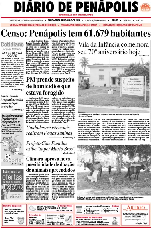Capa do jornal DIÁRIO impresso desta quinta-feira (29)