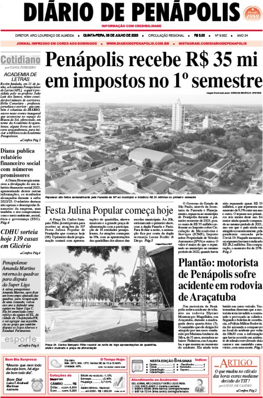 Capa do jornal DIÁRIO impresso desta quinta-feira (06)