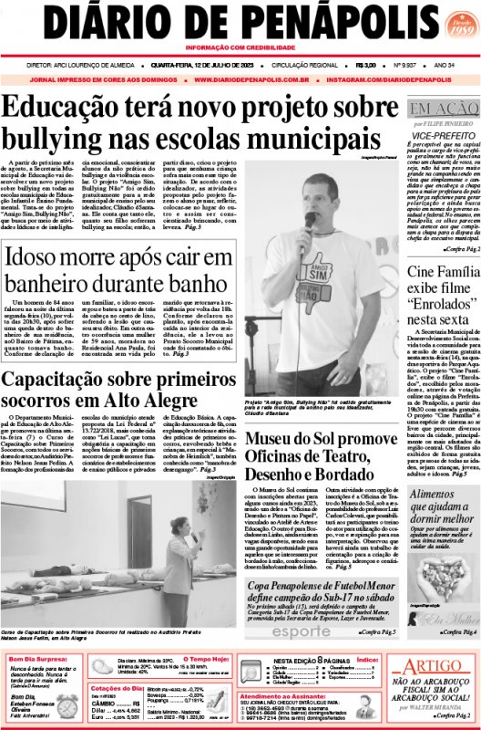 Capa do jornal DIÁRIO impresso desta quarta-feira (12)