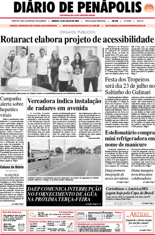 Capa do jornal DIÁRIO impresso deste sábado (15)