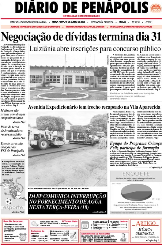 Capa do jornal DIÁRIO impresso desta terça-feira (18)