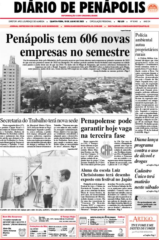 Capa do jornal DIÁRIO impresso desta quarta-feira (19)