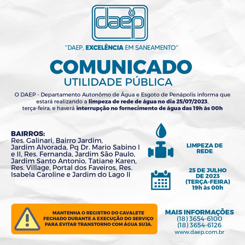 Daep informa nova interrupção no fornecimento de água