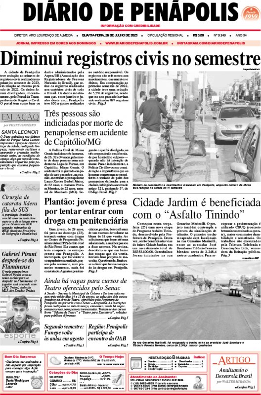 Capa do jornal DIÁRIO impresso desta quarta-feira (26)
