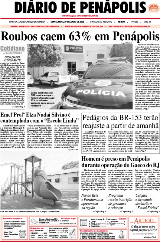 Capa do jornal DIÁRIO impresso desta quinta-feira (27)