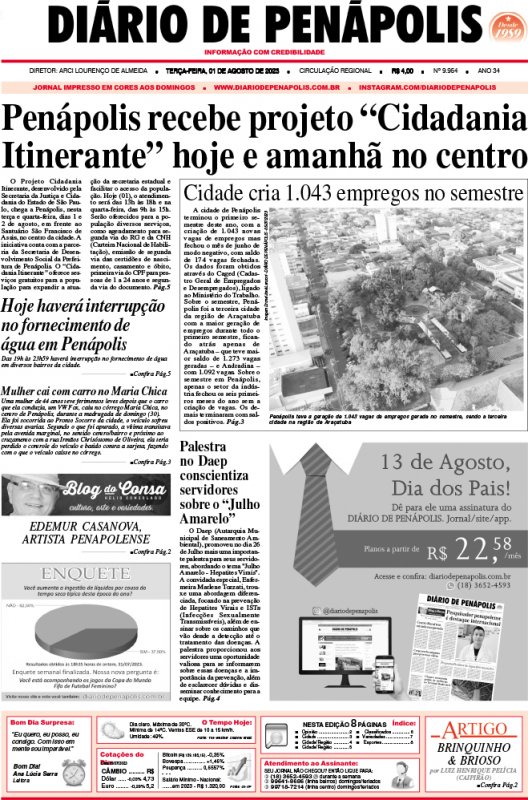 Capa do jornal DIÁRIO impresso desta terça-feira (01)