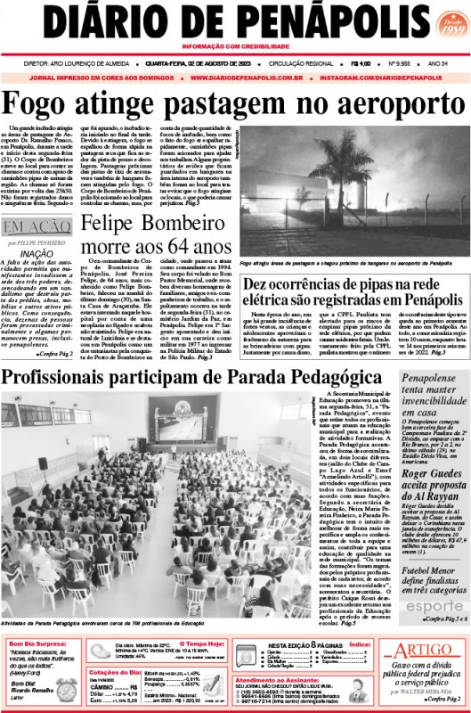 Capa do jornal DIÁRIO impresso desta quarta-feira (02)