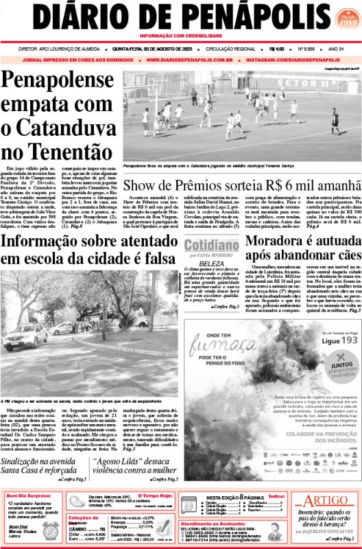Capa do jornal DIÁRIO impresso desta quinta-feira (03)