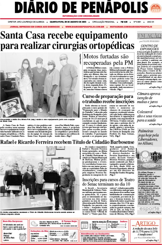 Capa do jornal DIÁRIO impresso desta quarta-feira (09)