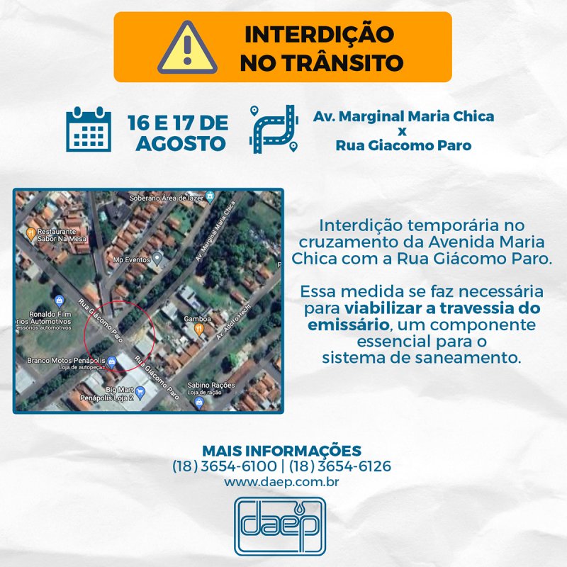 Interdição de trânsito na Marginal Maria Chica com a Giácomo Paro será temporária