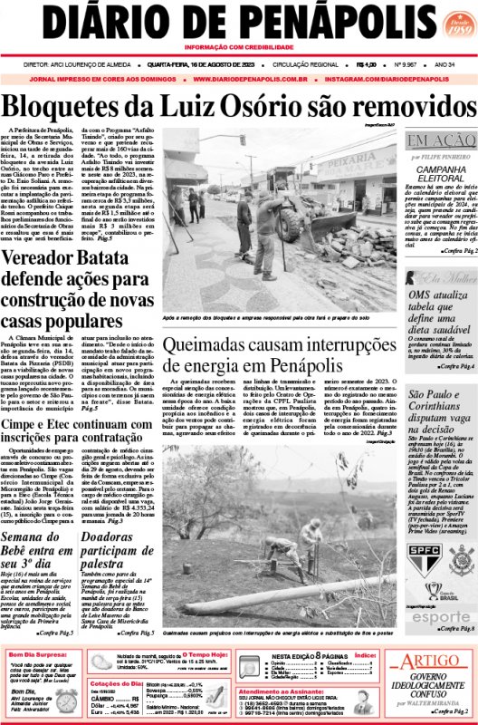 Capa do jornal DIÁRIO impresso desta quarta-feira (16)