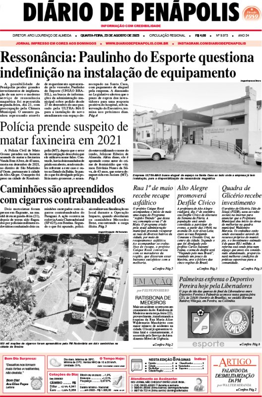Capa do jornal DIÁRIO impresso desta quarta-feira (23)