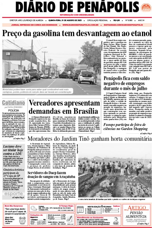 Capa do jornal DIÁRIO impresso desta quinta-feira (31)