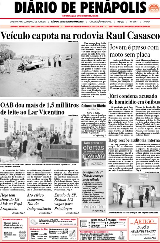 Capa do jornal DIÁRIO impresso deste sábado (09)