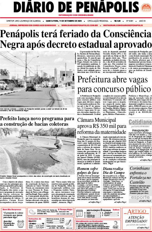 Capa do jornal DIÁRIO impresso desta quinta-feira (14)