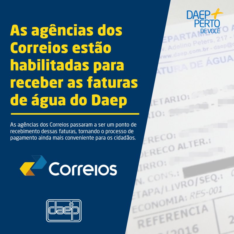 Agências dos correios estão habilitadas para receber faturas de água do Daep