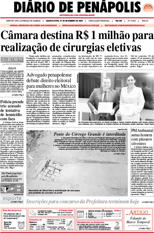 Capa do jornal DIÁRIO impresso desta quarta-feira (27)
