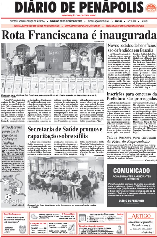 Capa do jornal DIÁRIO impresso deste domingo (01)