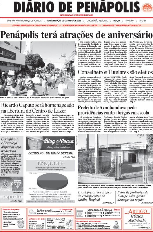 Capa do jornal DIÁRIO impresso deste terça-feira (03)