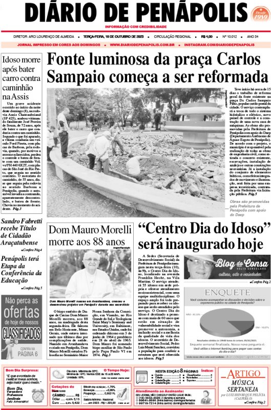 Capa do jornal DIÁRIO impresso desta terça-feira (10)