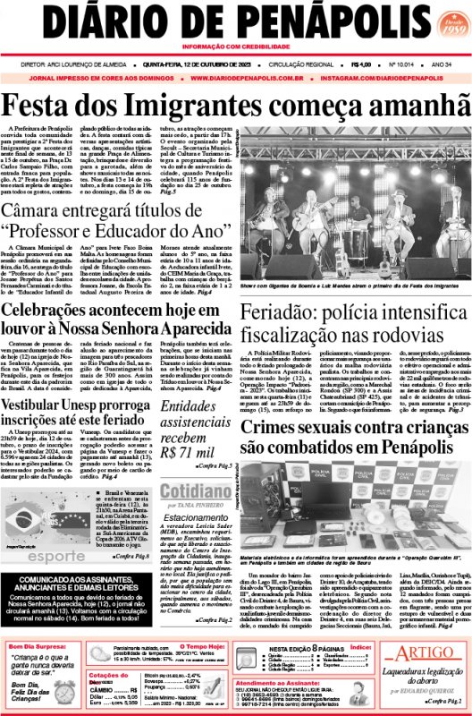 Capa do jornal DIÁRIO impresso desta quinta-feira (12) - feriado