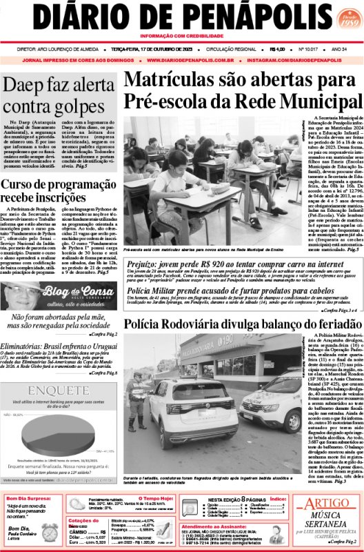 Capa do jornal DIÁRIO impresso desta terça-feira (17)