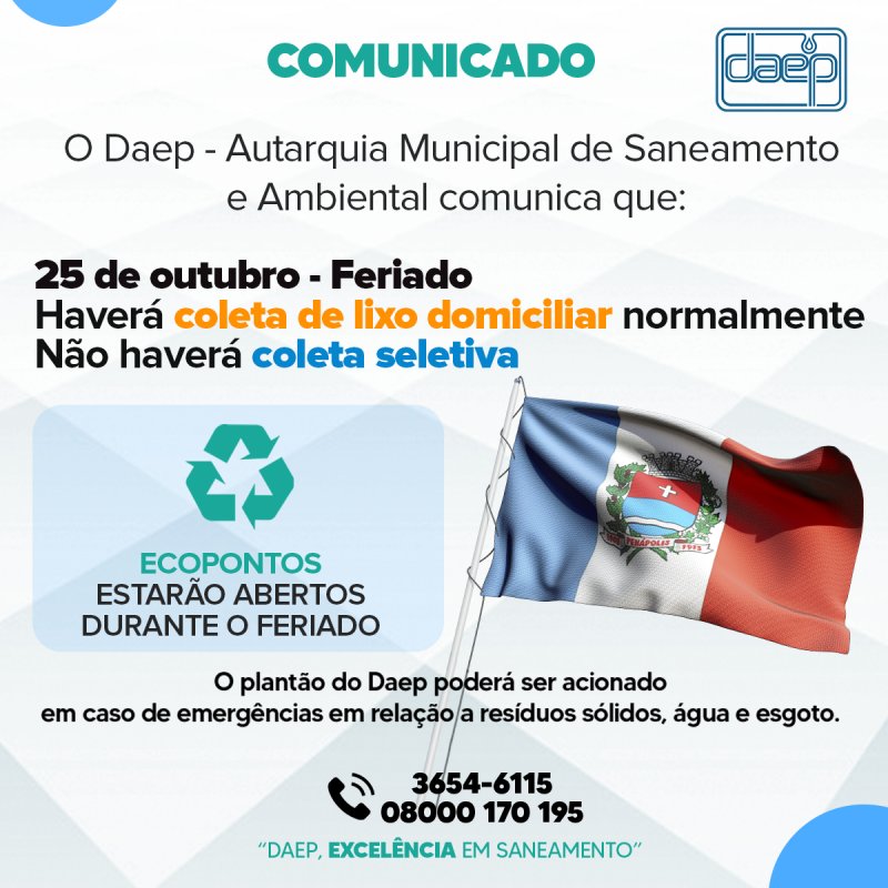 Daep comunica sistema de coleta de lixo neste feriado