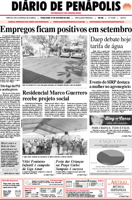 Capa do jornal DIÁRIO impresso desta terça-feira (31)