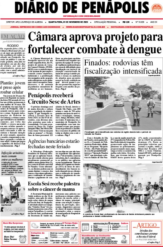 Capa do jornal DIÁRIO impresso desta quarta-feira (01)