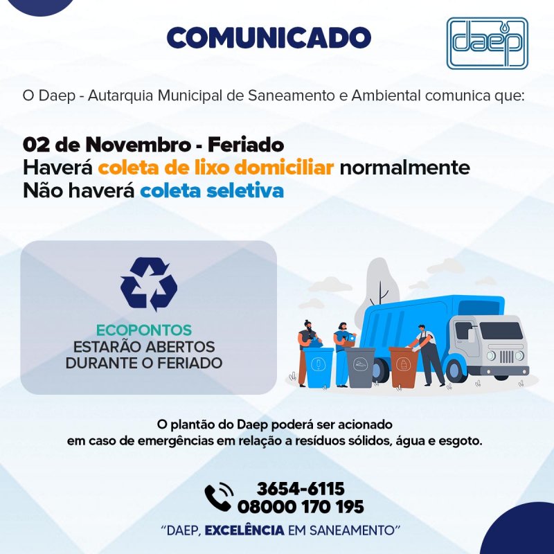 Daep comunica sobre coleta de lixo neste feriado de Finados