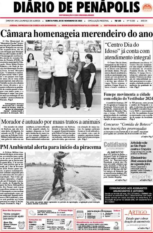 Capa do jornal DIÁRIO impresso desta quinta-feira (02)