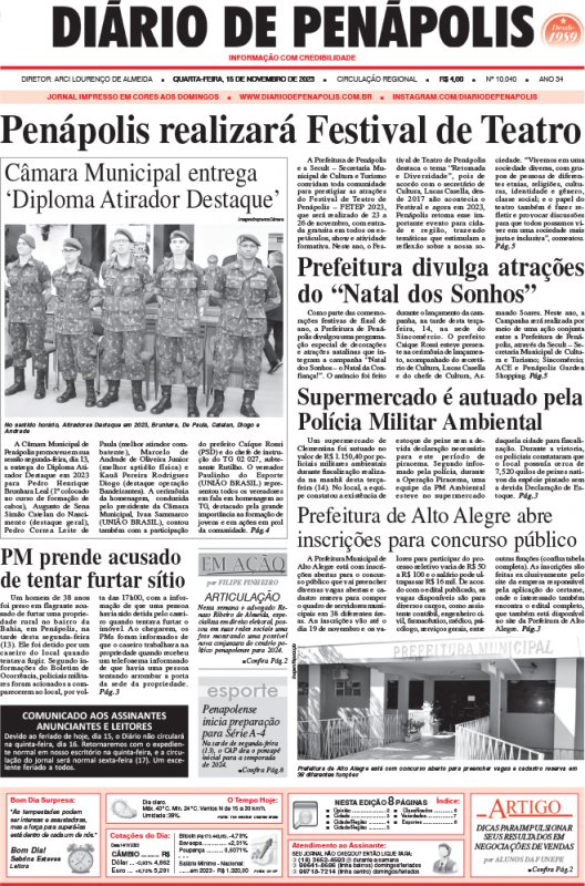 Capa do jornal DIÁRIO impresso desta quarta-feira (15)