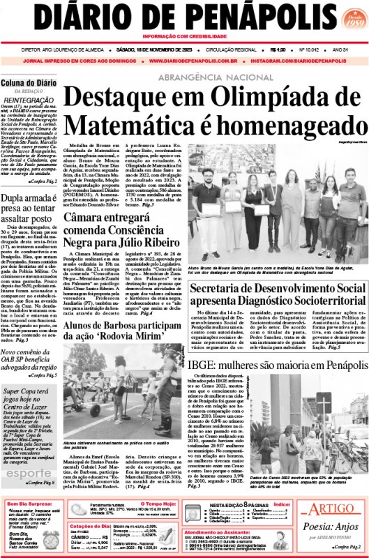 Capa do jornal DIÁRIO impresso deste sábado (18)