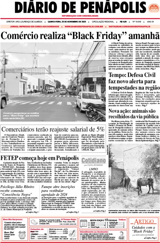 Capa do jornal DIÁRIO impresso desta quinta-feira (23)