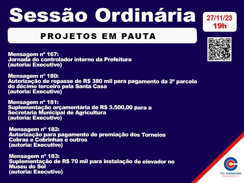 Câmara Municipal tem 5 projetos para votação nesta segunda-feira