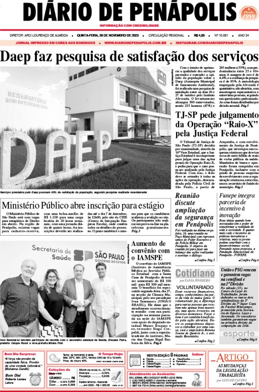 Capa do jornal DIÁRIO impresso desta quinta-feira (30)