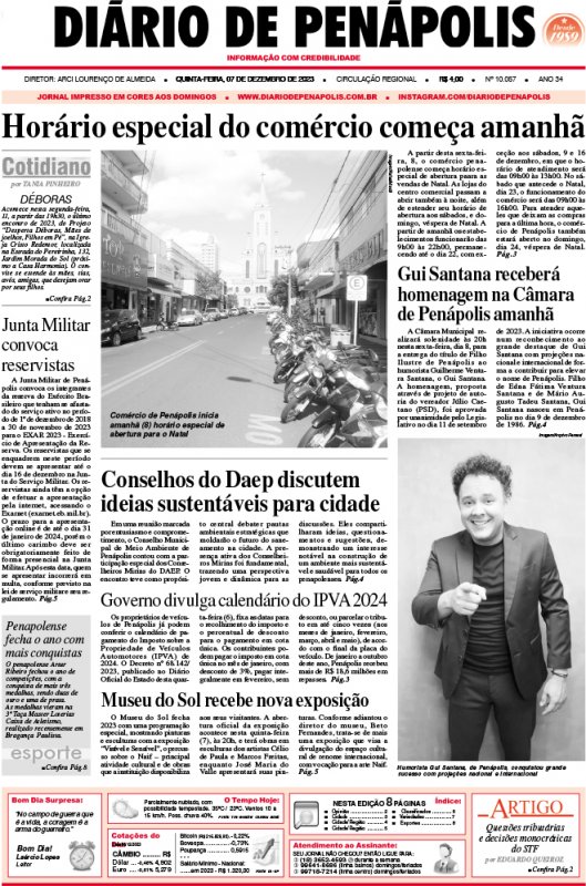 Capa do jornal DIÁRIO impresso desta quinta-feira (07)