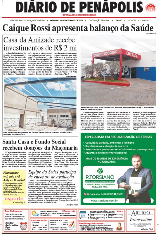 Capa do jornal DIÁRIO impresso deste domingo (17)