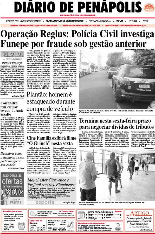 Capa do jornal DIÁRIO impresso desta quarta-feira (20)