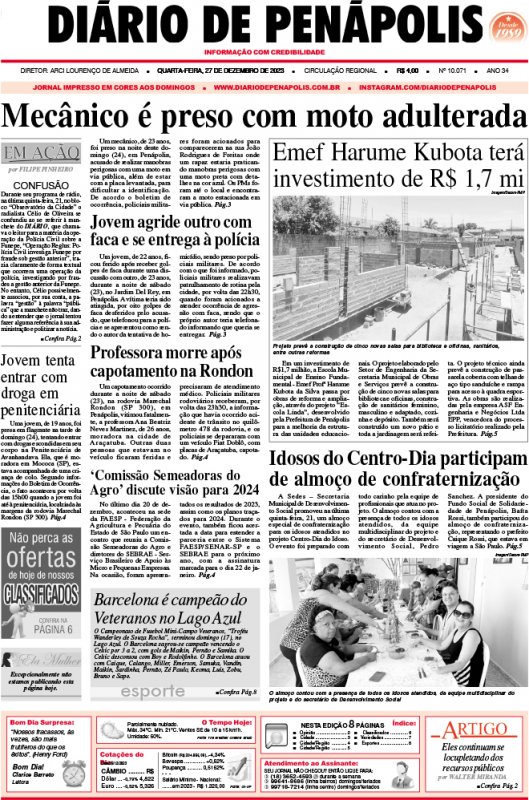 Capa do jornal DIÁRIO impresso desta terça-feira (27)