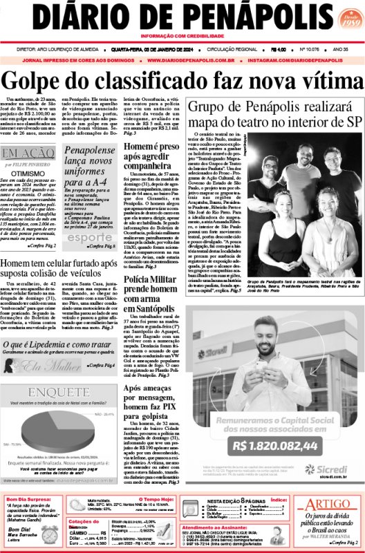Capa do jornal DIÁRIO impresso desta quarta-feira (03)
