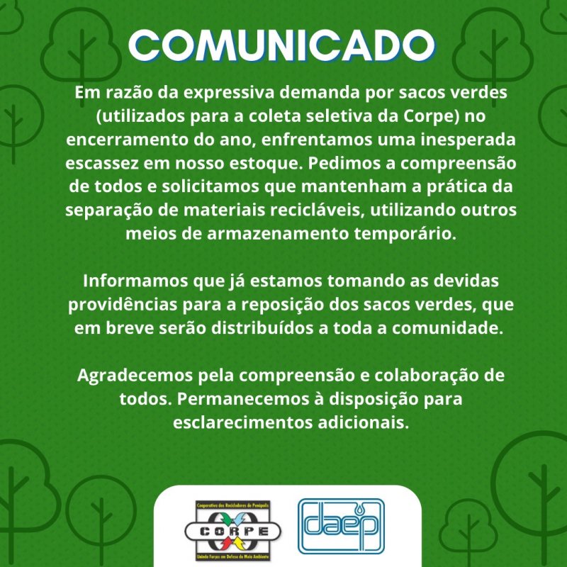 Comunicado importante: sacos verdes da coleta seletiva
