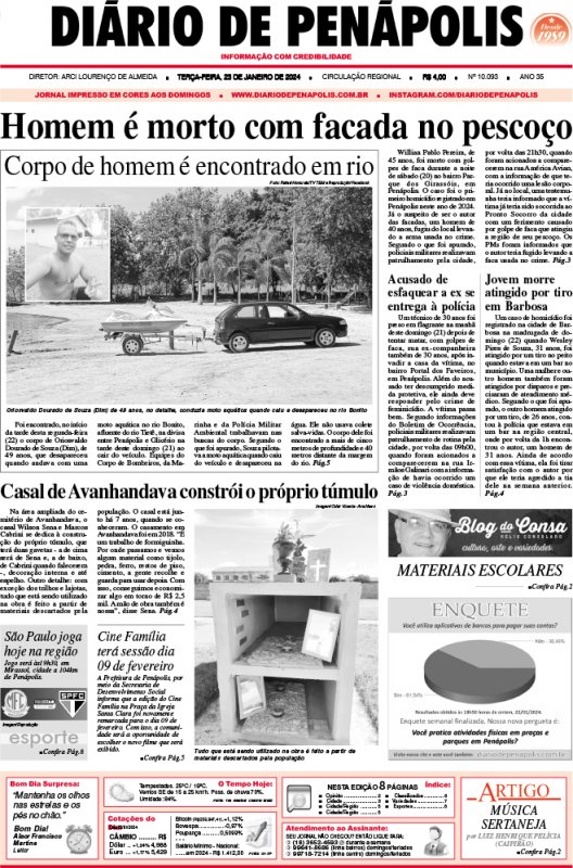Capa do jornal DIÁRIO impresso desta terça-feira (23)