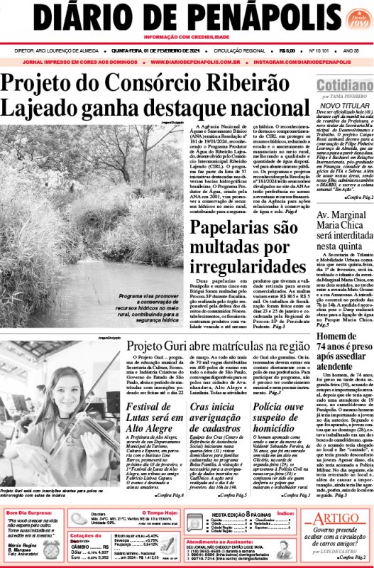 Capa do jornal DIÁRIO impresso desta quinta-feira (01)