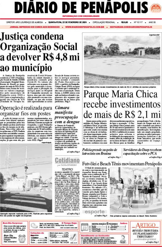 Capa do jornal DIÁRIO impresso desta quinta-feira (22)