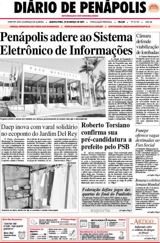 Capa do jornal DIÁRIO impresso desta quarta-feira (13)
