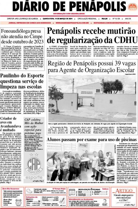 Capa do jornal DIÁRIO impresso desta quinta-feira (14)