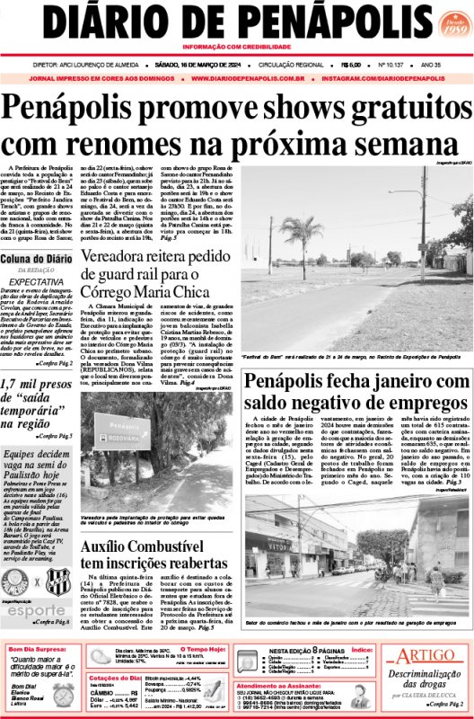 Capa do jornal DIÁRIO impresso deste sábado (16)