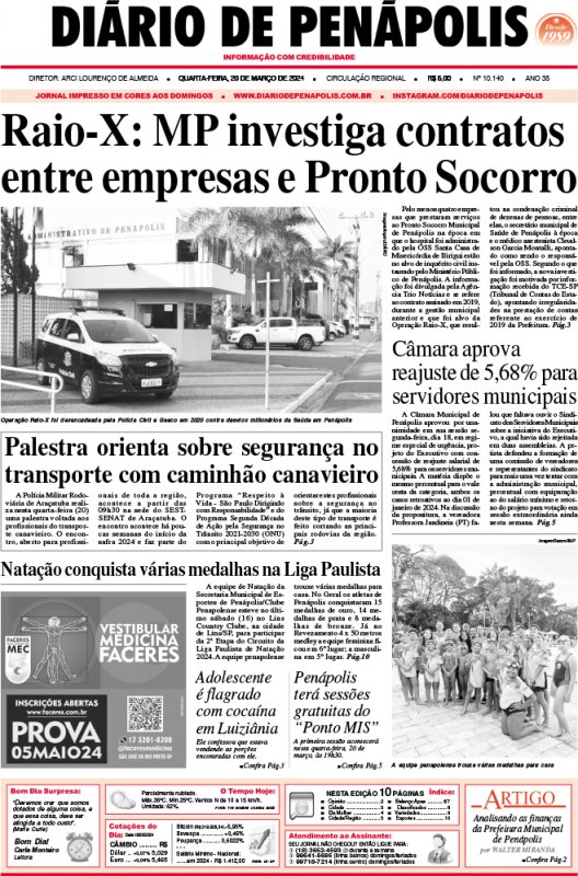 Capa do jornal DIÁRIO impresso desta quarta-feira (20)